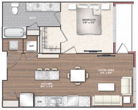 Floor plan for 1 bed, 1 bath, 658 sqft